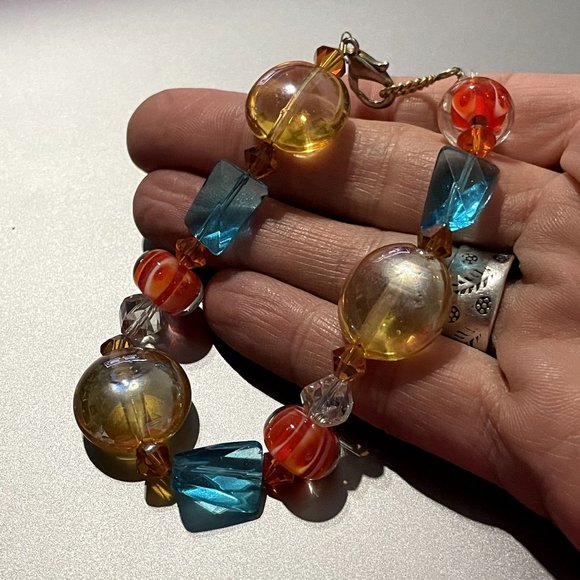 Gorgeous Blue Orange & Gold Glass Bead Bracelet - Picture 7 of 8